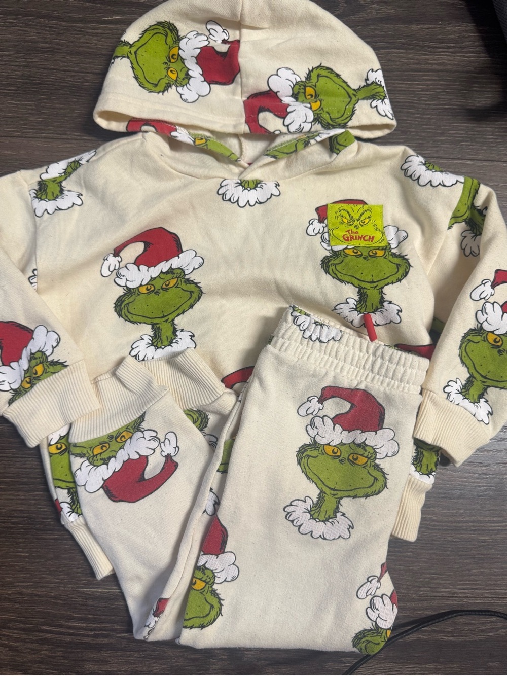 The Grinch Holiday Hoodie & Jogger Set - Cream with Green & Red Print size 3T